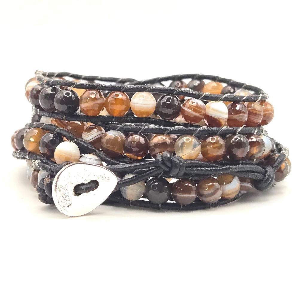 Agate Bead Black‎ Leather Multi Wrap Bracelet Silver Tone Button Closure